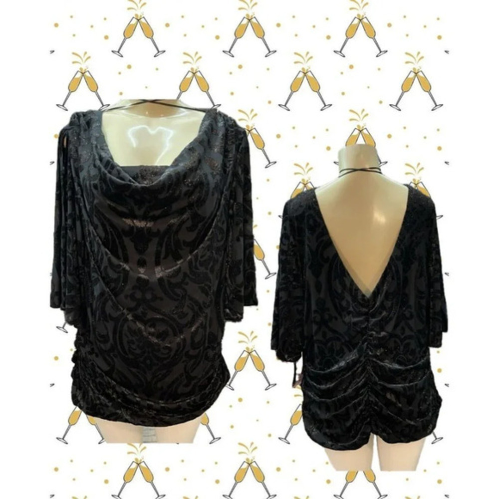 R & M Richards Plus 2X Black Metallic Flocked Draped Neck Cold Shoulder Blouse
